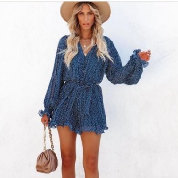 Endless Rose Pleated Polka Dot Short V Neck Balloon Sleeve Romper - Picture 3 of 4